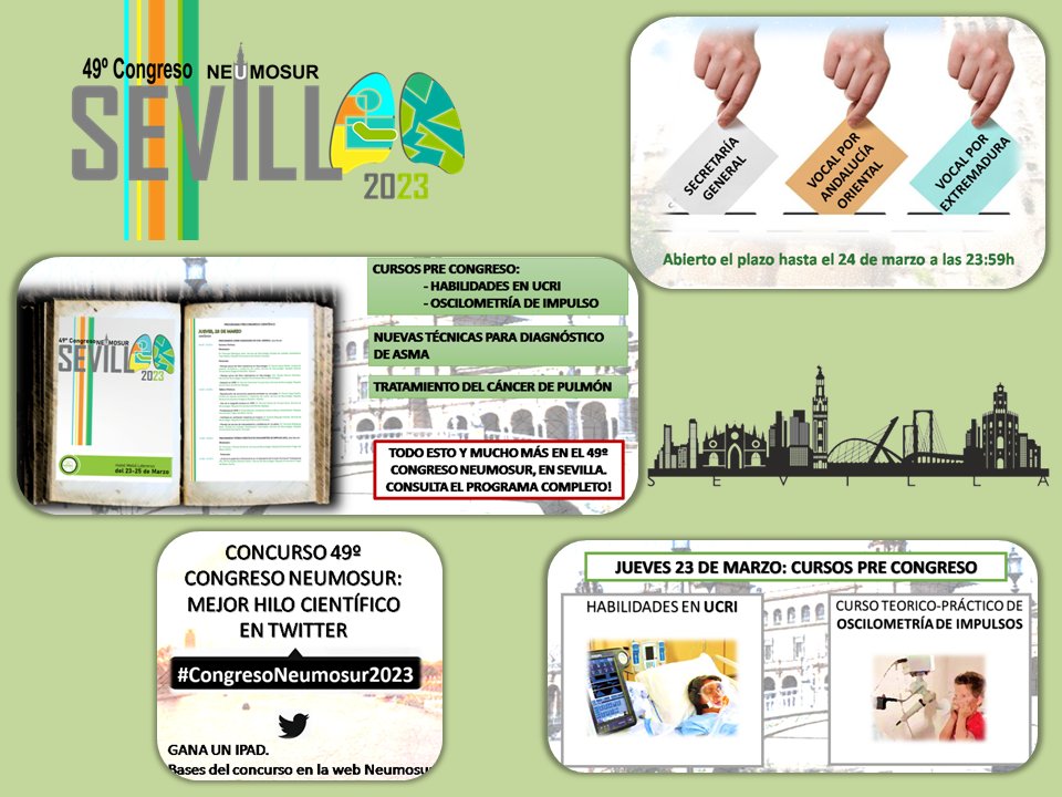 Neumosur's tweet photo. Os recordamos que en menos de 1 semana dará comienzo nuestro 49º Congreso Neumosur. 
Podéis seguir votando para los cargos que se renovarán para Junta Directiva.

Toda la información en la web del congreso: https://t.co/jjWrWVDR9n

Nos vemos en Sevilla! 😉
#49congresoneumosur https://t.co/gZa0gDQvLY