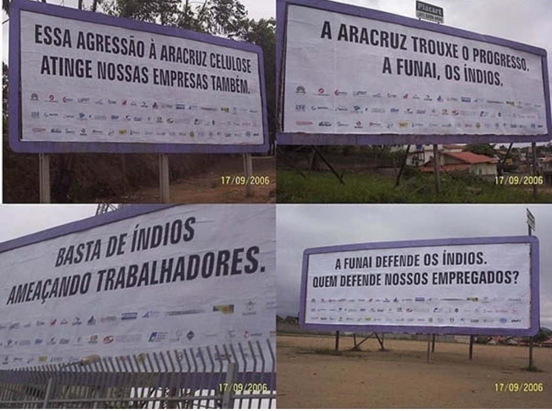 Tammy182's tweet photo. Na época da demarcação das nossas terras, os ataques eram tão comuns e aceitáveis pela população racista de Aracruz, que a empresa em questão se sentia no direito de colocar outdoors nos  atacando!!! https://t.co/wolhlvYi9E