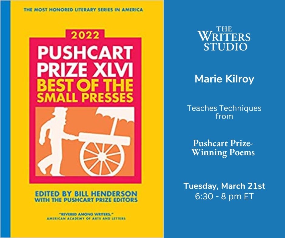 thewriterstudio's tweet photo. This week's #CraftClass on Tuesday, March 21st will be led by poet and Writers Studio teacher Marie Kilroy. Join us for a discussion of the techniques used in some of the most memorable @PushcartPrize-winning poetry.
#Poetry #Poems #Poets #FridayReads https://t.co/9vmu5bHPnT