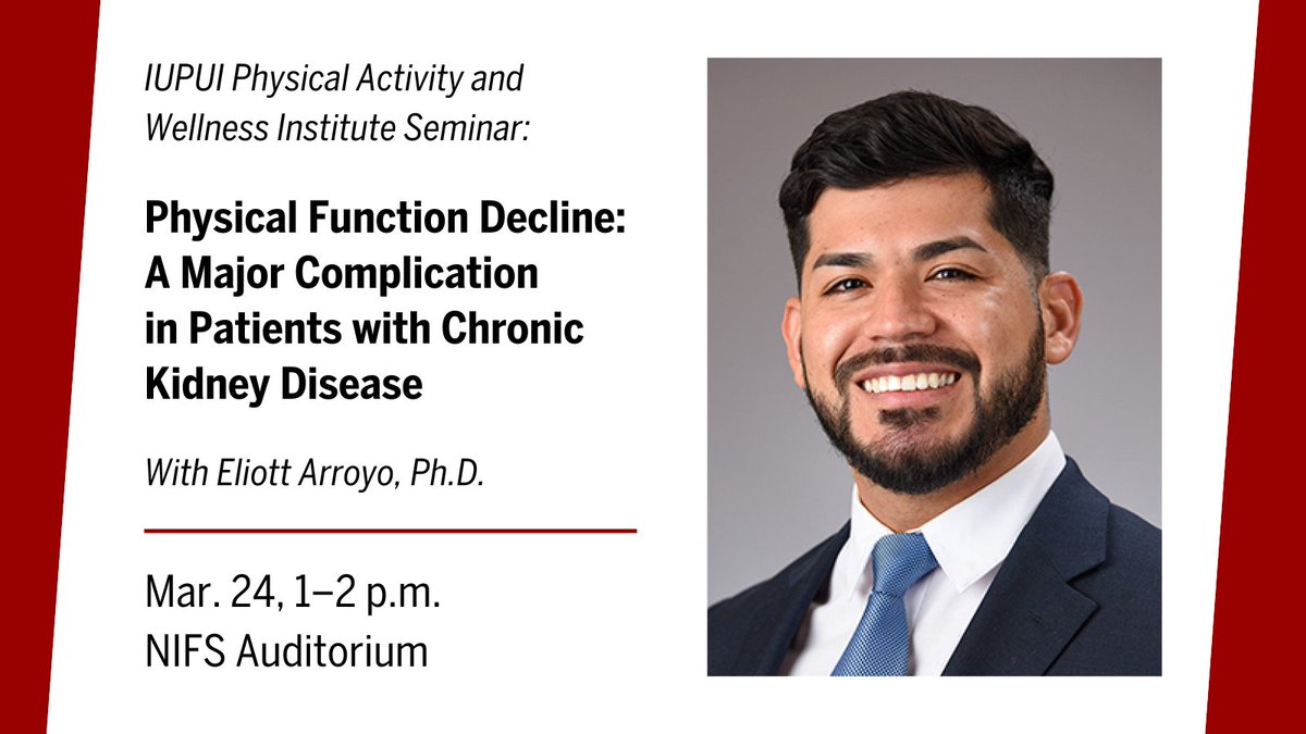 IU School of Health & Human Sciences (@iuindyshhs) on Twitter photo The next IUPUI Department of Kinesiology PAWI seminar is next Friday! Come learn from <a href="/eliott_arroyo/">Eliott Arroyo</a>, a postdoctoral fellow in the Division of Nephrology at the IU School of Medicine. Free to anyone interested! The next IUPUI Department of Kinesiology PAWI seminar is next Friday! Come learn from <a href="/eliott_arroyo/">Eliott Arroyo</a>, a postdoctoral fellow in the Division of Nephrology at the IU School of Medicine. Free to anyone interested!