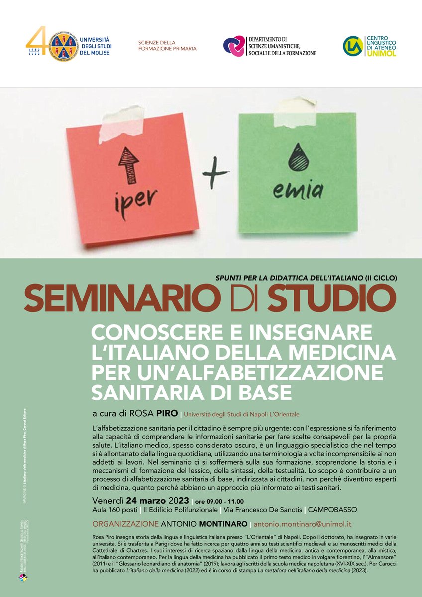 atn781's tweet photo. SAVE THE DATE
"Conoscere e insegnare l’italiano della medicina per un’alfabetizzazione sanitaria di base", Rosa Piro (Università degli Studi di Napoli L’Orientale)
Venerdì 24 marzo 2023, ore 9.00-11.00, Aula 160 posti, II Edificio Polifunzionale, Università del Molise. #unimol https://t.co/xn3qEeu38w