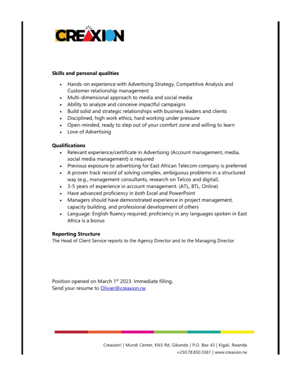 Creaxion_rw's tweet photo. We are on the hunt for star quality talent 👀

Head of Client Service at an advertising agency needed ‼️

Read the next two slides to help us get the right candidates 🗣️

If u got what it takes, email olivier@creaxion.rw with your CV and Cover Letter!

 #JobOffer #AdAgency #RwOT https://t.co/p6LZuCjVhw