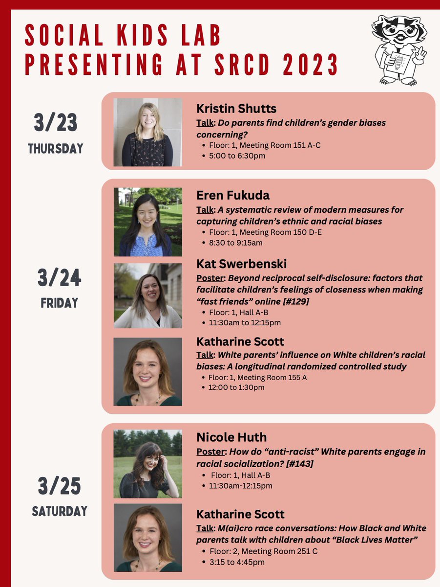 The Social Kids Lab will be presenting at #SRCD2023 next week! Come say hello and learn more about some exciting projects led by @eren_fukuda, @KatharineEScott, Kat Swerbenski, Kristin Shutts, and me. @SRCDtweets