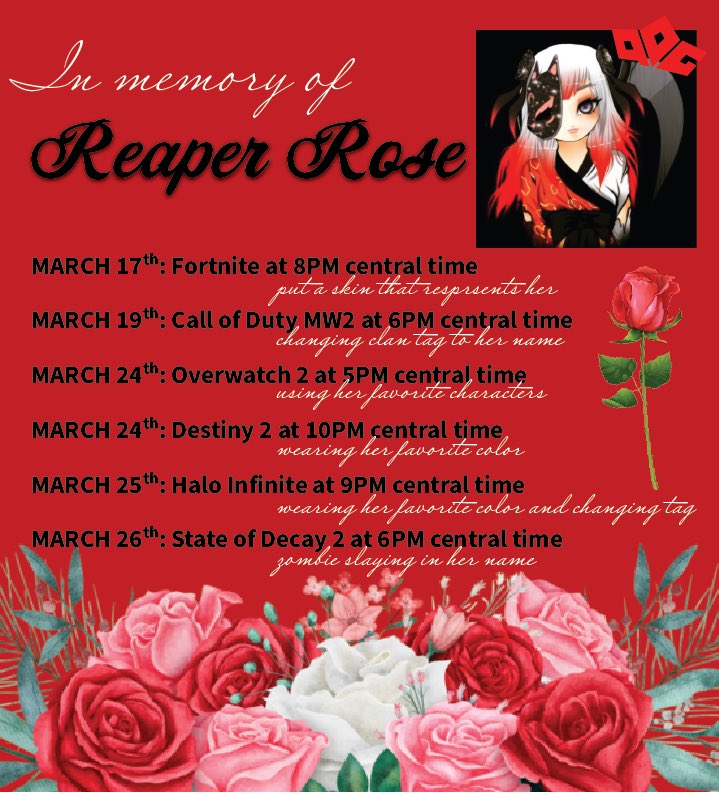 QoG_Ladies's tweet photo. We are dedicating all of our upcoming game nights to @ReaperR0se starting today🌹❤️ all are welcome to join us, especially if you knew her. Also in our Minecraft Realm we have an area were others can pay respects to her by her home and see what others have built for her. https://t.co/uwnjOdfvIs