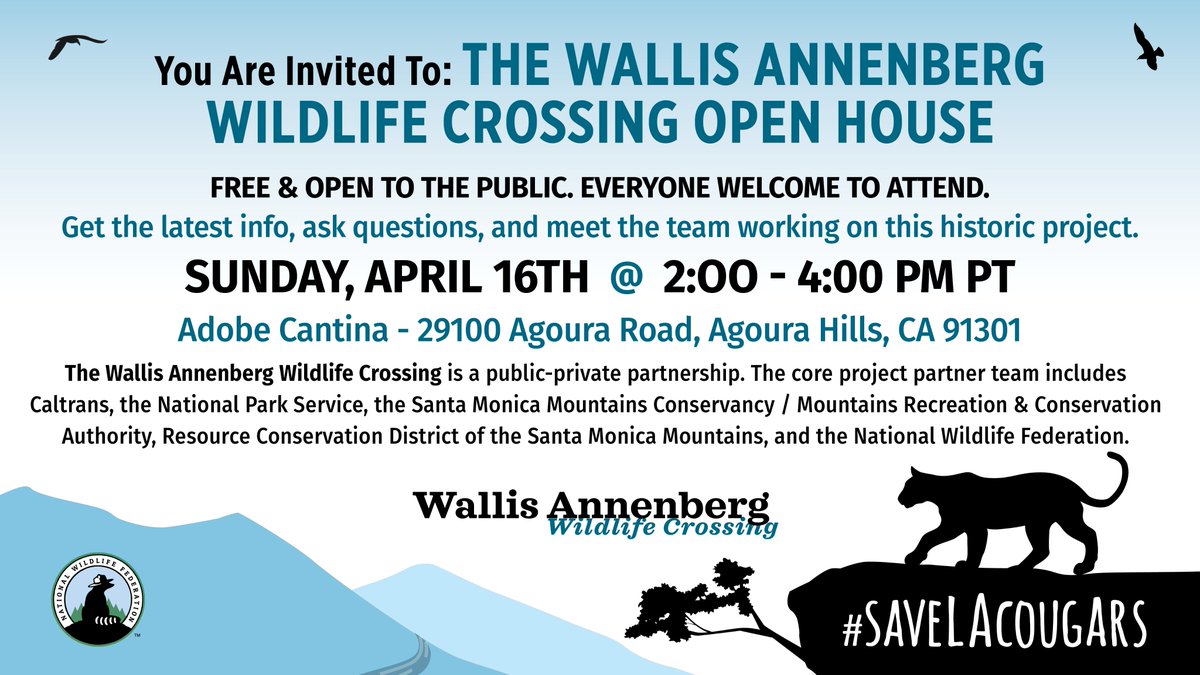 Join us! The #WallisAnnenbergWildlifeCrossing Open House is on April 16 from 2-4 PM. Get the latest info, ask questions, & meet the team! FREE & open to the public. Everyone is welcome to attend. No registration required. Food+beverages will be provided. fb.me/e/74yqwM9nb