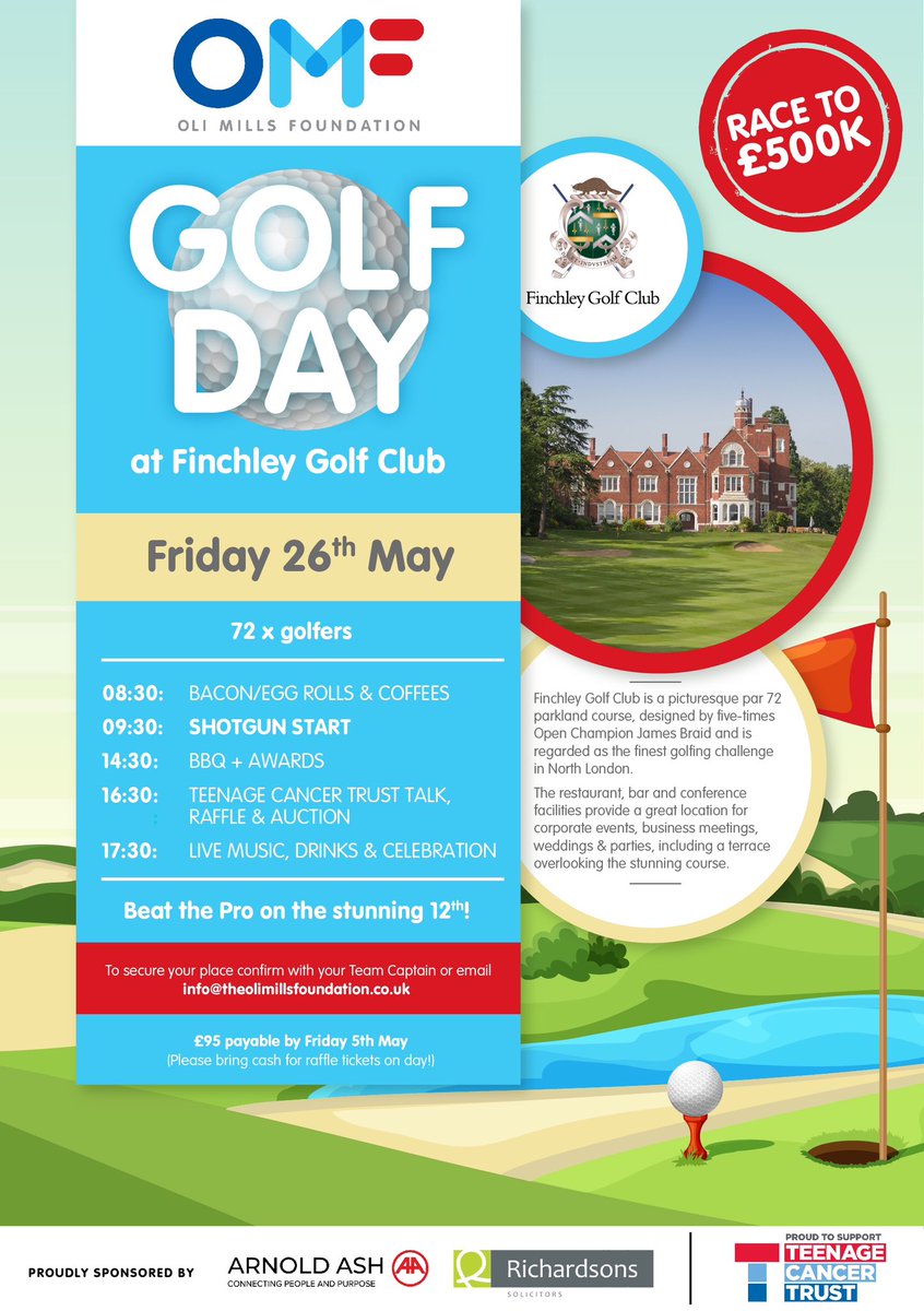Our Golf Day at <a href="/FinchleyGC/">Finchley Golf Club</a> is back and we can’t wait for another fantastic event! Supported by our sponsors <a href="/arnoldashRec/">Arnold Ash Group</a> &amp; Richardsons Solicitors, it’s shaping up to be a great day of golf, catching up &amp; fundraising. Deets below to get involved ⛳️🙌🏼🔥 #HopeSwingsEternal