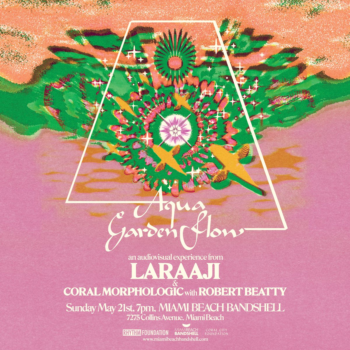 We and @Rhythm_Foundatn are proud to announce 'Aqua Garden Flow,' a special live audiovisual performance from legendary ambient musician Laraaji accompanied by Coral Morphologic films with animations by Robert Beatty (@EdSunspot), on Sunday, May 21st, 2023 at the @MBBandShell