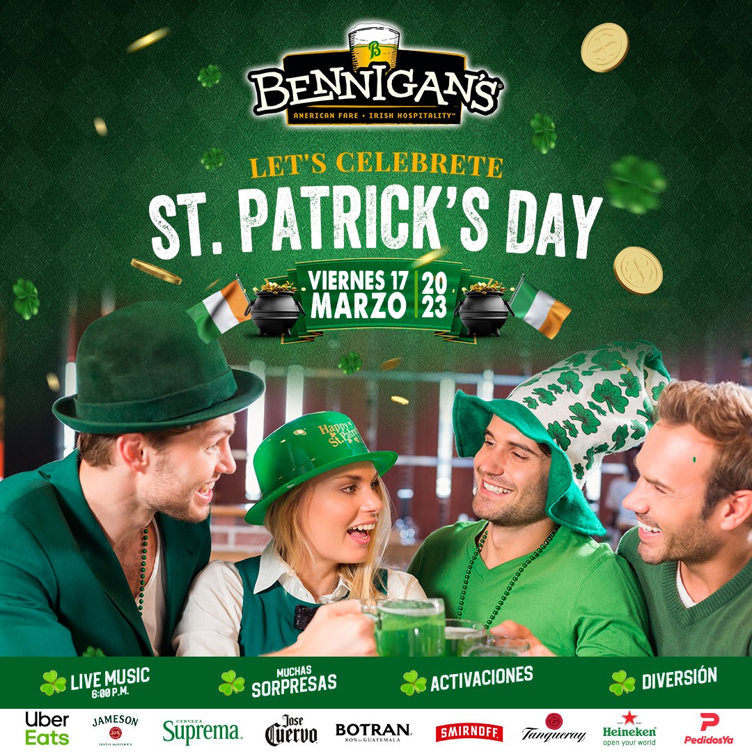 Bennigans_SV's tweet photo. 🎉La fiesta más esperada del año está por comenzar🎉🍀, invita a todos tus amigos y amigas, familia a todo aquel que está dispuesto a vivir una noche de diversión y emoción🍺🍀, y no olvide Vestir de Verde🍀🍀🍀 https://t.co/1IBRPX0Uv9