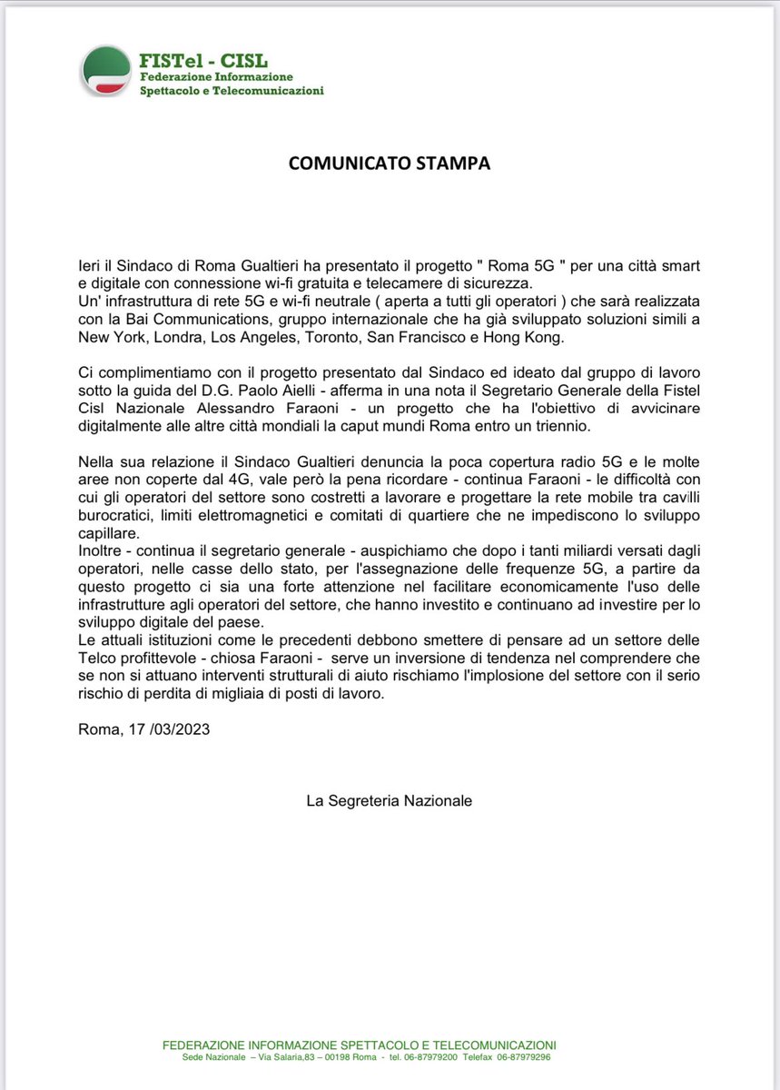 FISTelNazionale's tweet photo. Ieri il Sindaco di Roma Gualtieri ha presentato il progetto " Roma 5G " per una città smart e digitale con connessione wi-fi gratuita e telecamere di sicurezza. #roma5g @gualtierieurope #smart #digitale https://t.co/fBiKO0DEnl