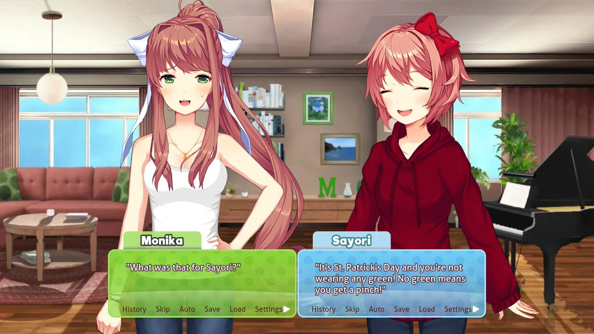 Monikalicious1's tweet photo. Happy St. Patrick's Day everyone! Remember to wear green today or else you'll get pinched~ Ahaha, just kidding but Sayori is taking this seriously so I'd still be careful if you see her! https://t.co/dhoTfDgVM4
