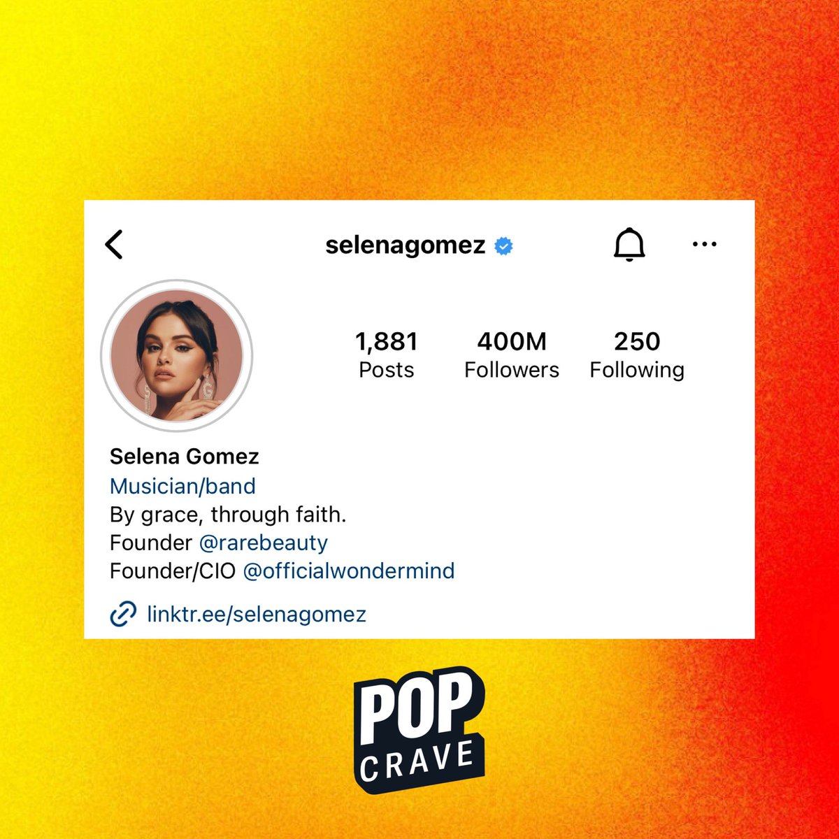PopCrave's tweet photo. .@SelenaGomez becomes the first woman to surpass 400 million followers on Instagram. https://t.co/tHhSPGY7UW