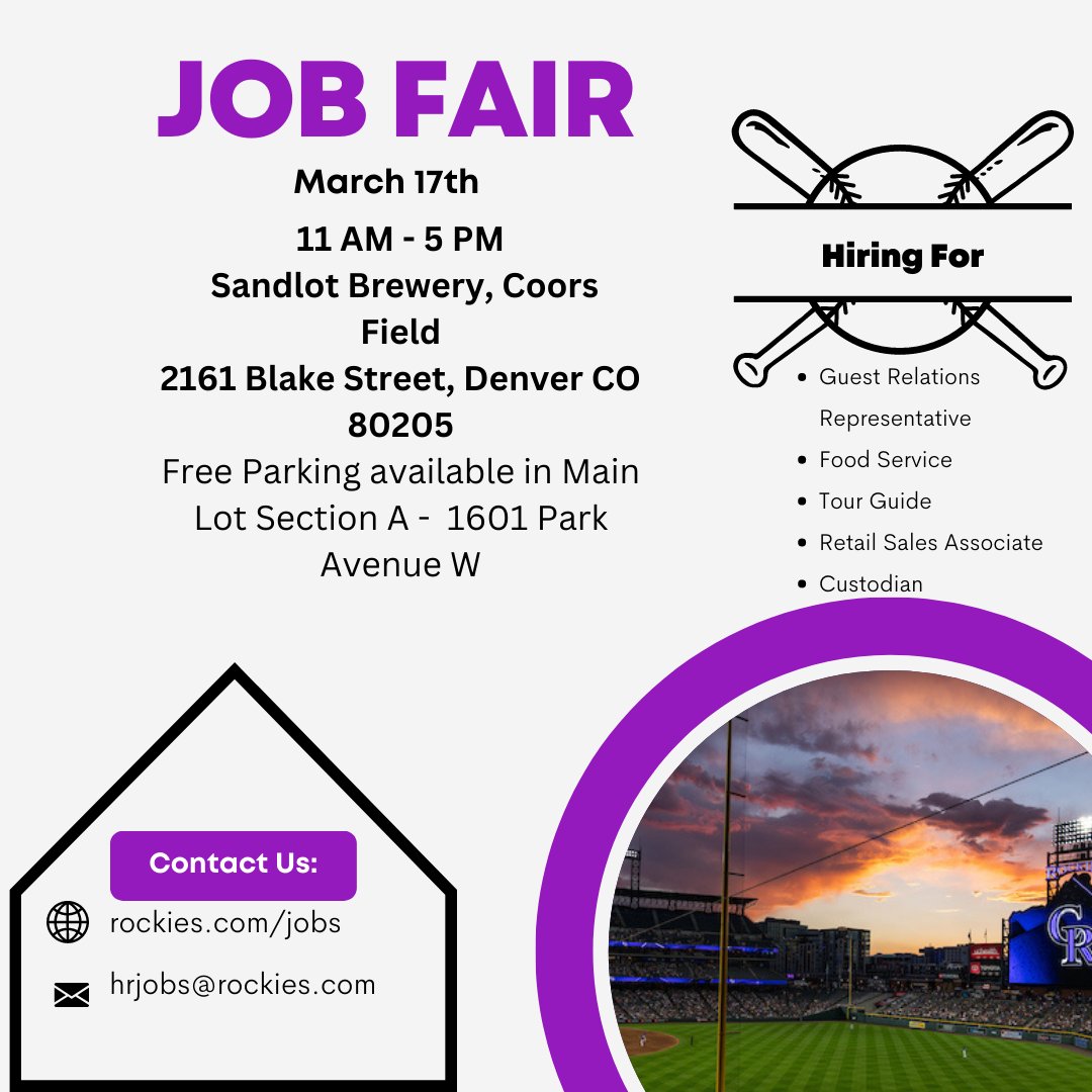 Know anyone looking for a #job? @CoorsField is #hiring. We have a job fair today onsite at the Sandlot #coloradorockies #denverjobs #HIRINGNOW