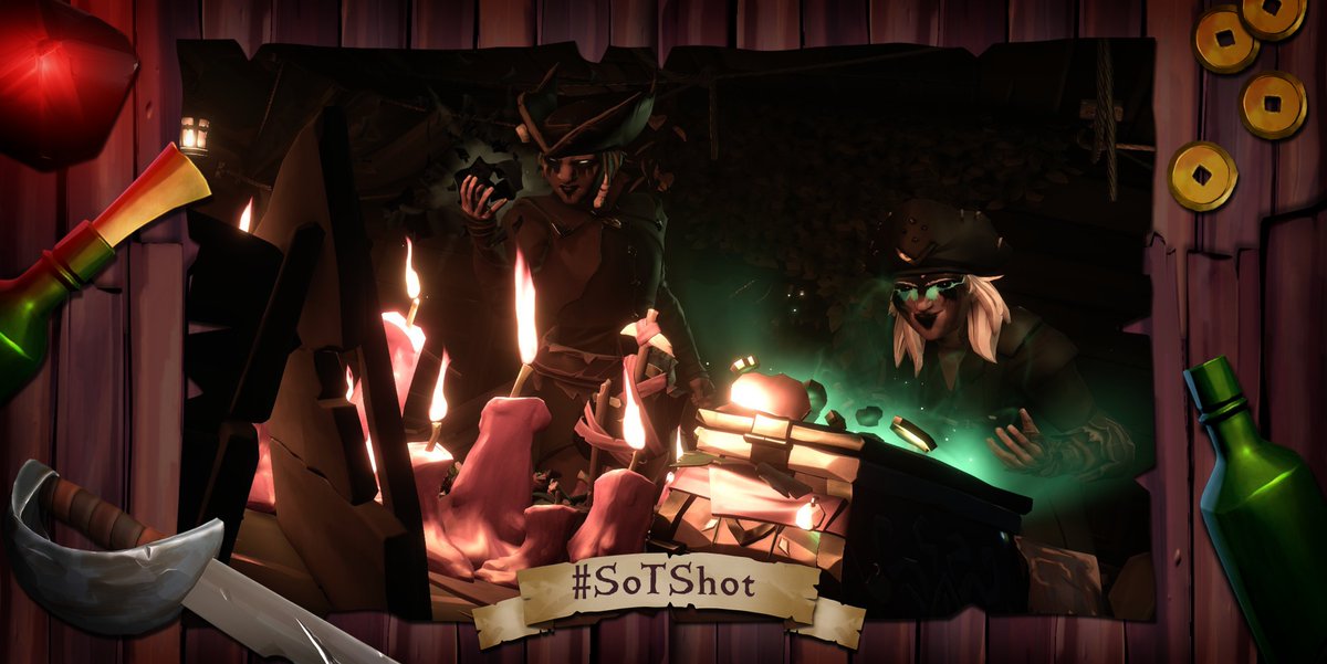 SeaOfThieves's tweet photo. Mystical marauders embraced the Order of Souls for the latest #SoTShot theme, but our crew felt @K8andStormy, @ValentinoXVI, @jmaposton and @MasterAenox best repped the Trading Company this time - DMs incoming!

Thanks to everyone who entered. A new fishy theme begins Mar 20th. https://t.co/oGbBGpwRwj