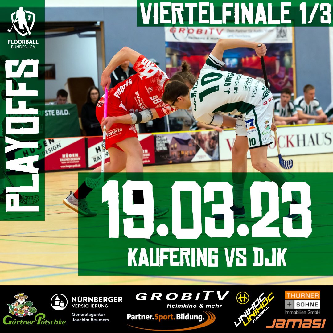 Die Playoffs starten. Im Viertelfinale warten die Red Hocks aus Kaufering auf die Grün-Weißen.
Los geht es mit dem Hinspiel der Best-of-Three-Serie am 19.03.2023 um 16:00 Uhr in Kaufering. Eine Woche später gibt es das Rückspiel am 25.03.2023 um 18:30 Uhr in der SPH Kaarst.