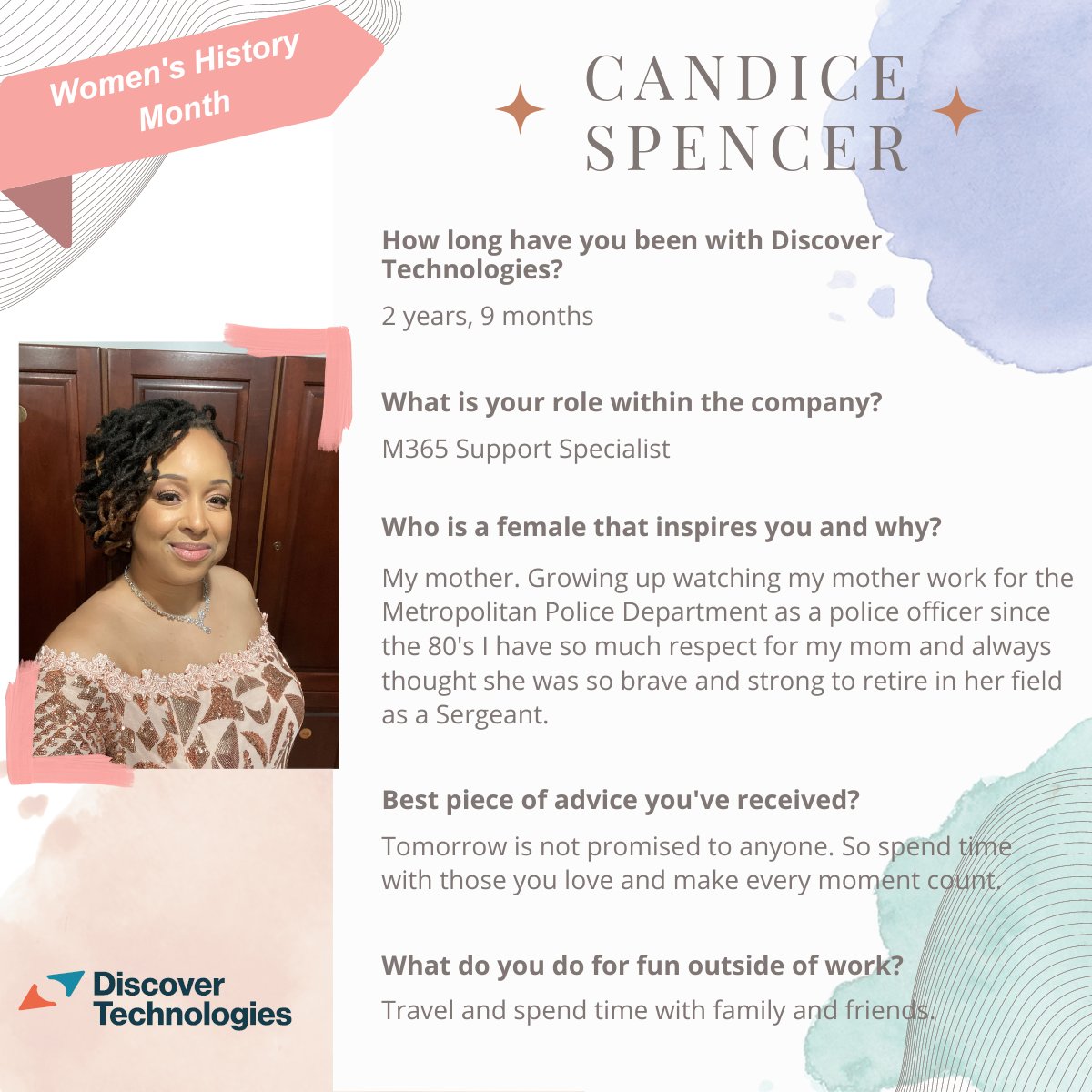 Discover__Tech's tweet photo. In celebration of #WomensHistoryMonth, we're highlighting women making a positive impact at @Discover__Tech! Meet Candice Spencer, M365 Specialist for @Discover__Tech! Please join us in honoring Candice today!

#womeninbusiness #womenintech #women #thankyou #M365SupportSpecialist https://t.co/Dn8CyveC2z