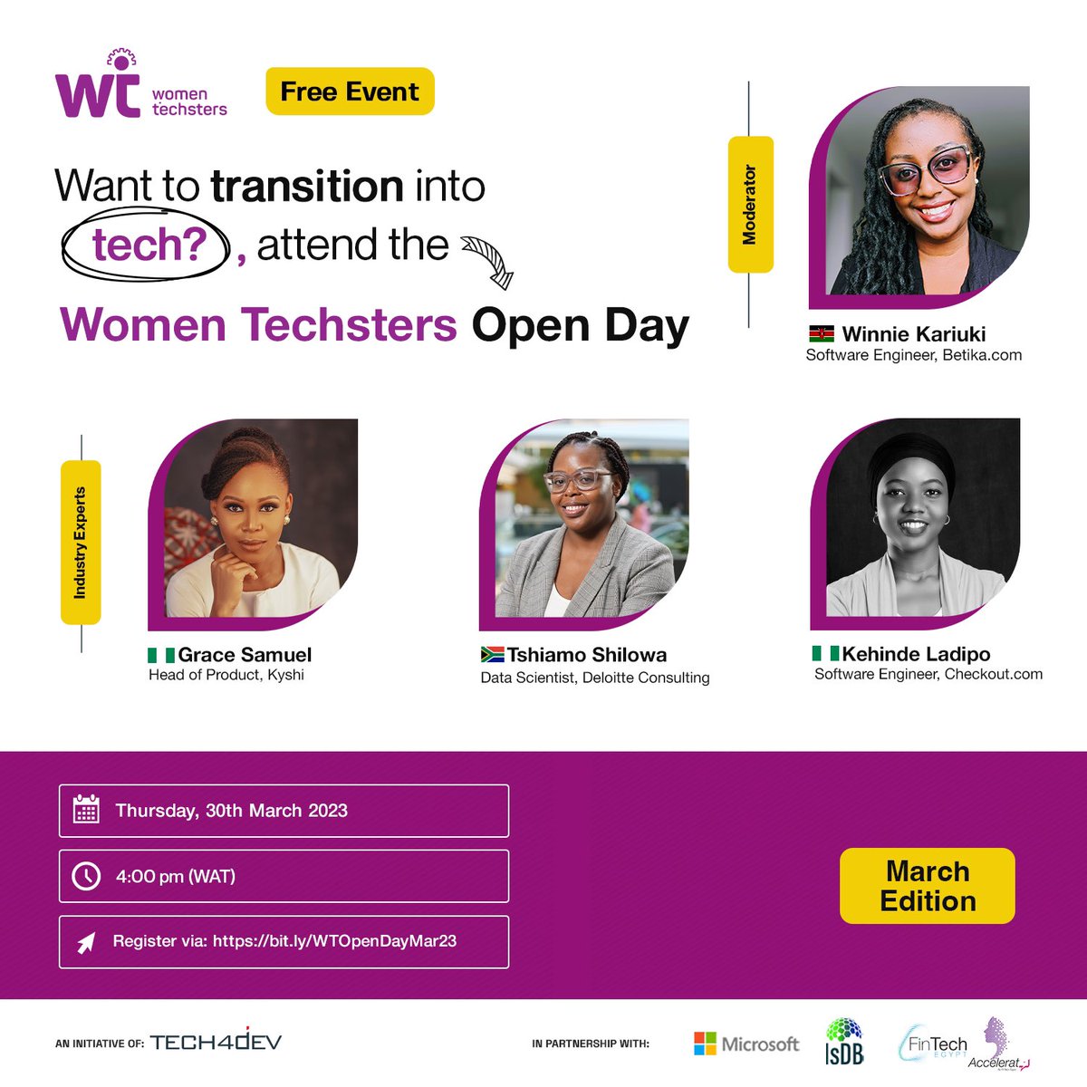 Tech4DevHQ's tweet image. If you&apos;re a woman who is passionate about pursuing a career in tech, we invite you to join us at the upcoming Women Techsters Open Day this March.

It is another opportunity to gain insights and connect with like-minded individuals in the tech industry.