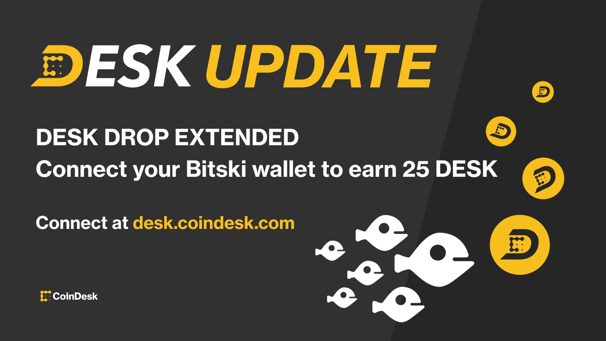 CoinDesk's tweet photo. 🪂 DESK drop extended!

Due to popular demand, you have one more week to connect your DESK account to your @bitski wallet.

Connect your Bitski wallet by March 23 at 12 p.m. ET and get 25 DESK airdropped to your CoinDesk account.

Connect and claim here: https://t.co/D3h3AXhTNE https://t.co/1viGt1fntU
