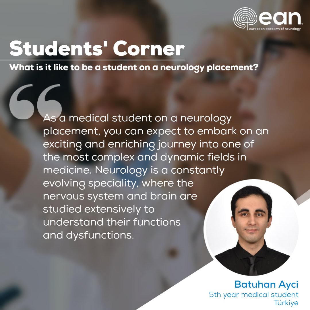 EANeurology's tweet photo. We are happy to announce the 4 winning articles of our latest Students’ Corner article submission on the topic of ‘What is it like to be a student on a neurology placement?‘.

Full articles below!
👉https://t.co/vKHPcr2kVE

Happy reading!

#studentscorner #medicalstudent https://t.co/sew0Q4y5sJ