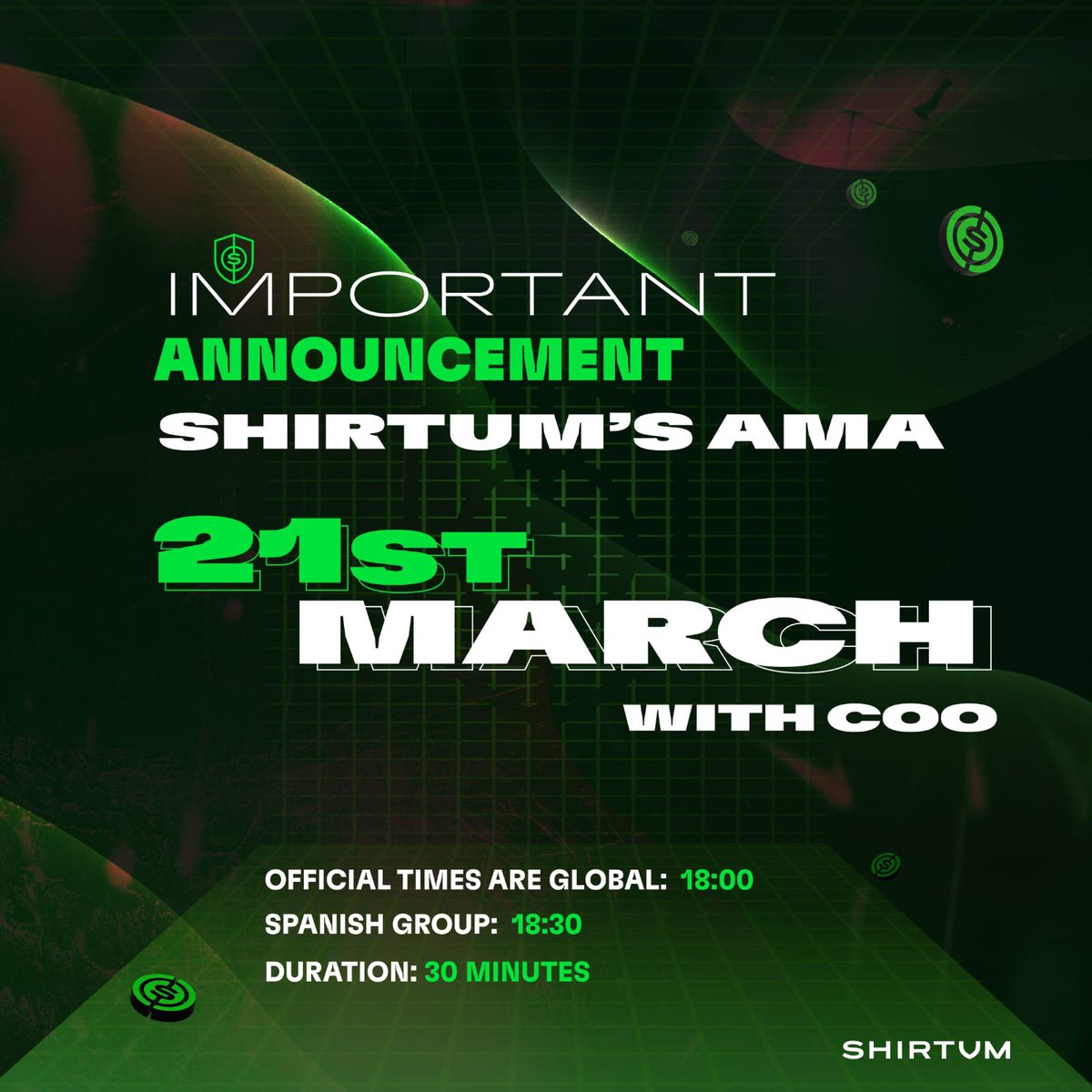 Shirtum's tweet photo. The AMA on Tuesday March 21st with our COO:

📍Offical Shirtum global Group: 18:00 CET. 

⏰️Duration: 30 min.

📍Offical Shirtum Spanish group: 18:30 CET.

⏰️Duration: 30 min.

Don't forget to ask your questions with #AMAquestion in the appropriate groups.

The Shirtum team. https://t.co/K7n1XgLwUO