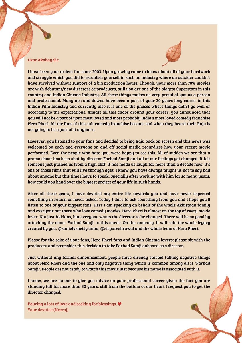 Akkistaan's tweet image. An open letter to @akshaykumar to change the director of #HeraPheri3.
REMOVE FARHAD FROM HERAPHERI