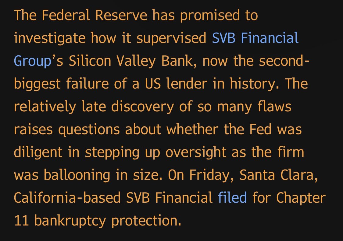 elerianm's tweet photo. From the @markets article on supervisory lapses by the #FederalReserve at #SVB. 

Look for this to fuel calls for a tougher bank regulatory regime, amplifying  other pressures for tighter lending standards. It will also have a multifaceted political dimension. 

#economy #markets https://t.co/5lM86Nb2ul