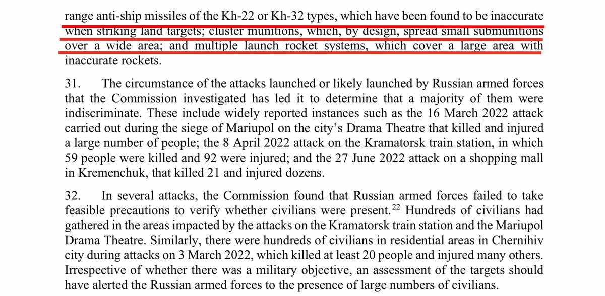 Indiscriminate attacks on civilians and civilian institutions. Hospitals, schools, kindergartens, train stations. Kramatorsk, Kremenchuk, Mariupol, Chernihiv attacks. All done with highly imprecise weapons that bring indiscriminate death and destruction. 