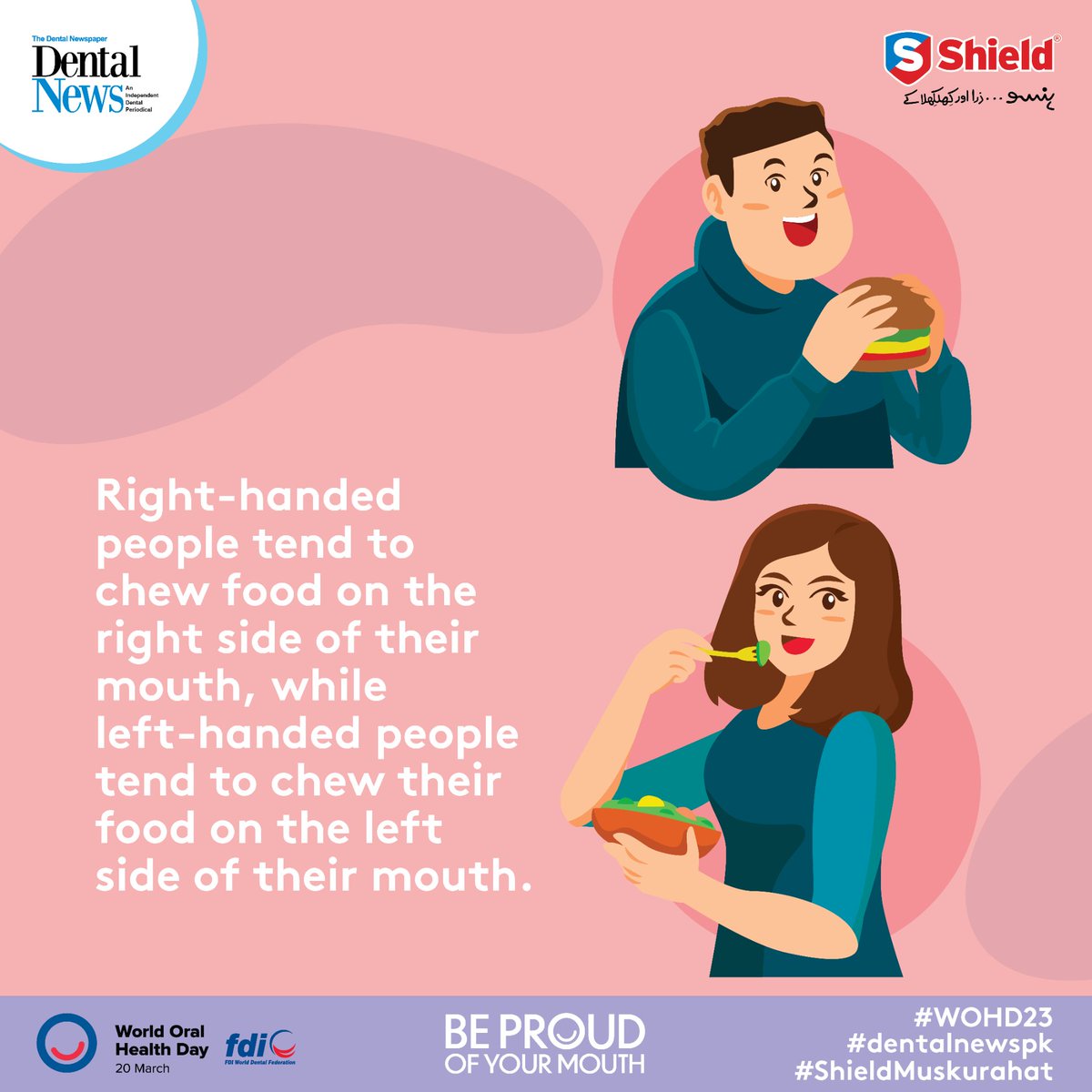 DentalNewsPk's tweet photo. Did you know that your handedness can affect which side you chew on?
#handedness #chewingside #funfacts #dentalnewspk #DentalHygiene #OralCare #healthysmile #BrightTeeth #ShieldMuskurahat #MouthProud #WOHD23 #WorldOralHealthDay #shieldpakistan @fdiworlddental @shieldoralcare https://t.co/tByW1RaKEy