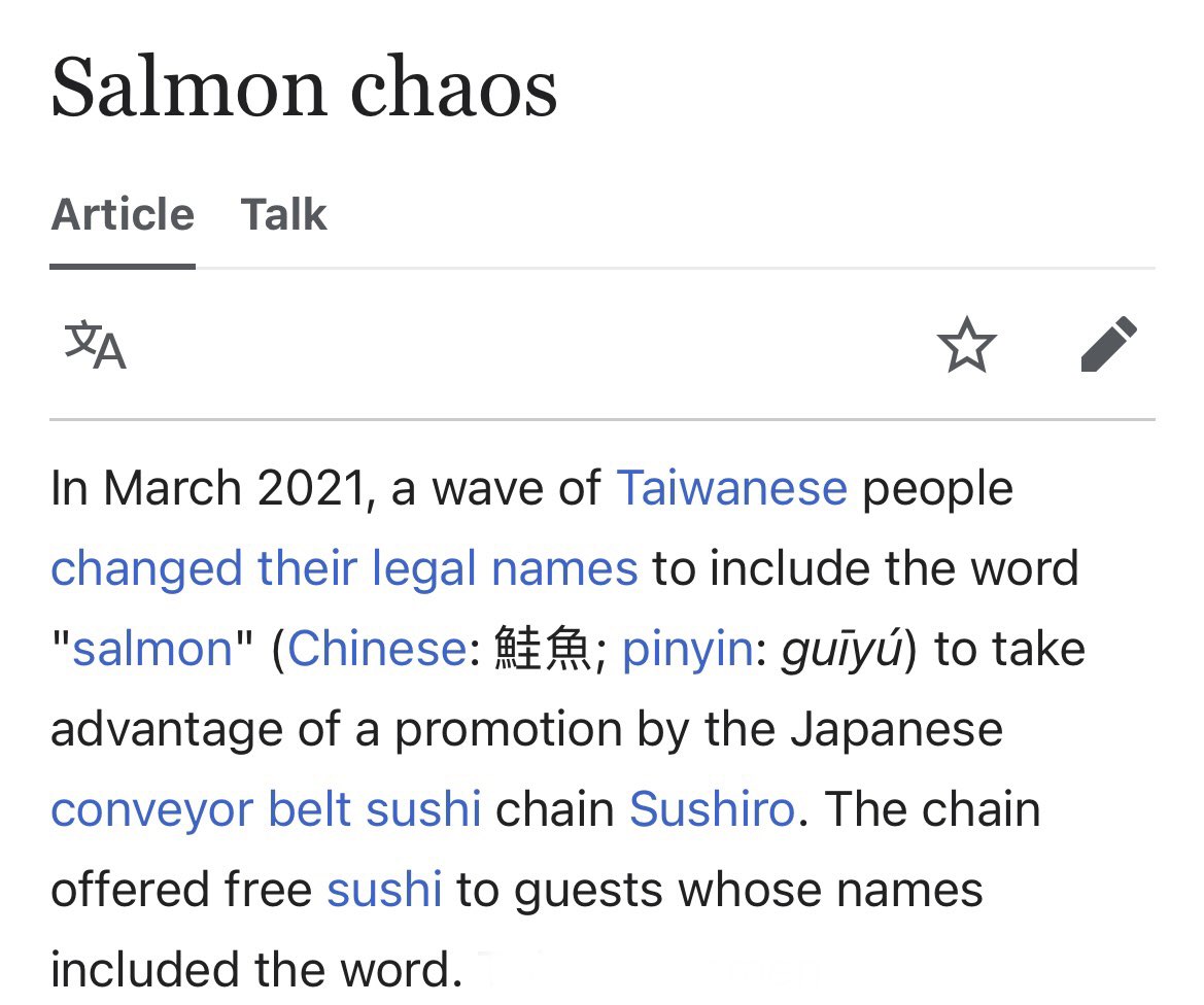 this was officially two years ago!! when 300+ of Taiwanese people legally changed their name to the word “salmon” to get free sushi