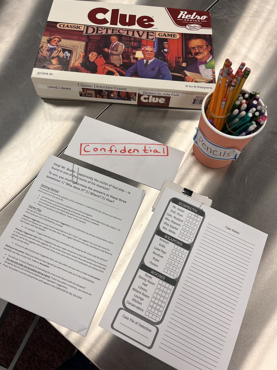 URHSLibrary's tweet image. We set the library up like a giant game of Clue! #PWCSLibraries