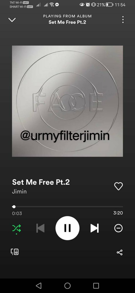 urmyfilterjimin's tweet photo. @Eine1881 @BTS_twt Day 1 Stream 19 Spotify (my friend didn't catch the last part)

#SetMeFreePt2IsComing 
#SetMeFree_Pt2_OutToday
#지미니가_퍼포로_뿌시러옴

I AM LISTENING TO #SetMeFree_Pt2 from the album #Jimin_FACE by #JIMIN of @BTS_twt https://t.co/idAyD3sqBh