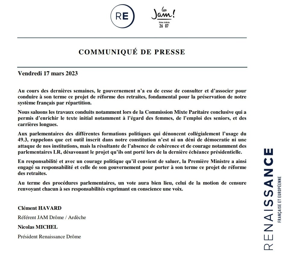 Retrouvez notre communiqué de presse relatif au projet de réforme des retraites

#drome #retraite #gouvernement #EmmanuelMacron #ReformesDesRetraites <a href="/Elisabeth_Borne/">Élisabeth BORNE</a> <a href="/EmmanuelMacron/">Emmanuel Macron</a> #Renaissance <a href="/Renaissance/">Renaissance</a>