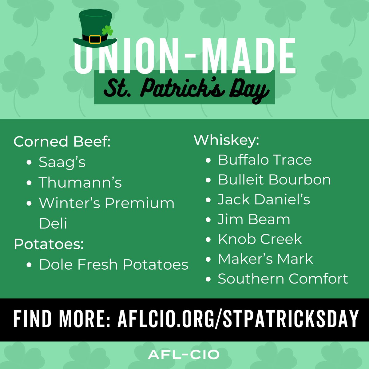 Culinary226's tweet photo. #HappyStPatricksDay2023 🍀 May the luck of the Irish be with you today! 
🍀 Check out this "Union-Made St. Patrick's Day" list from the AFLCIO. https://t.co/WzMLYsvvem