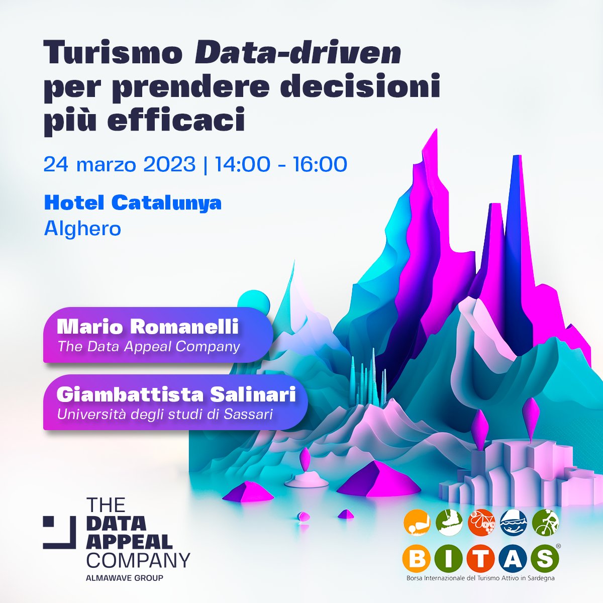DataAppeal's tweet photo. In occasione di #BITAS e degli Stati generali del #Turismo Attivo in #Sardegna discuteremo su come si diventa una #DataDrivenDestination e su come è possibile rafforzare la propria competitività nel settore attraverso i dati.
Iscriviti al seminario: https://t.co/niyU0y5CHB https://t.co/BQ5R4nJDAg