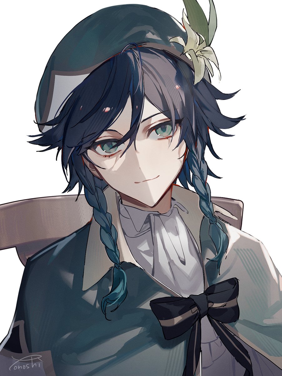 venti (genshin impact) 1boy male focus hat solo braid flower black hair  illustration images