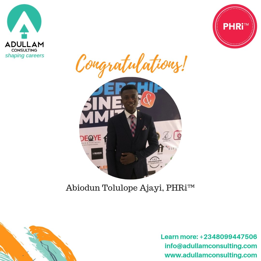 AdullamConsult's tweet photo. Congratulations to Abiodun on getting PHRi certified! Welcome to the distinguished @HRCI_Official global community.

We're proud of your achievement and looking forward to celebrating more success in your career. https://t.co/TOB66YwhK6