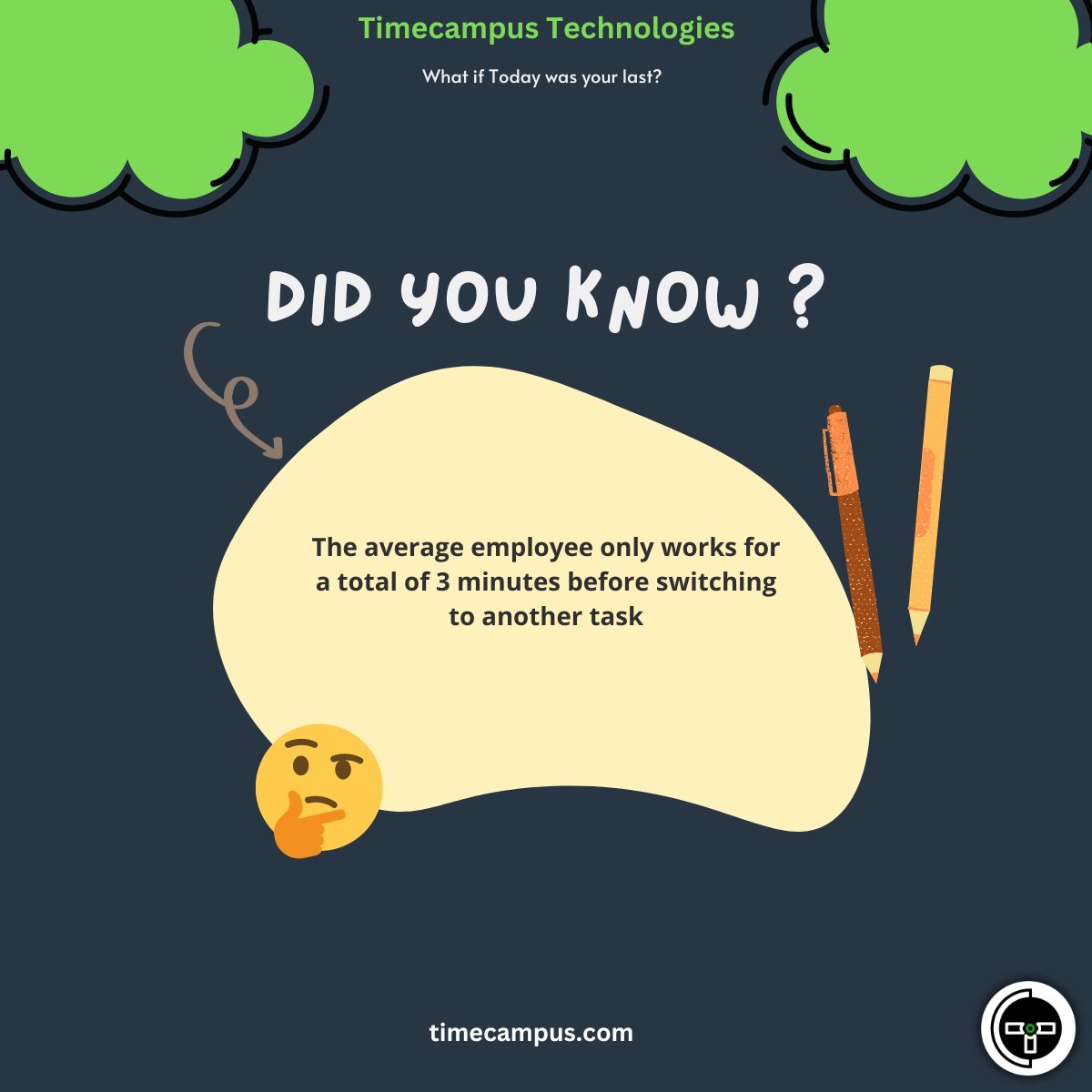 timecampus's tweet photo. Did you know?

The average employee only works for a total of 3 minutes before switching to another task

Learn more about us: https://t.co/vMR4P39ar6

#timemanagement #productivity https://t.co/iETzJGK1ou