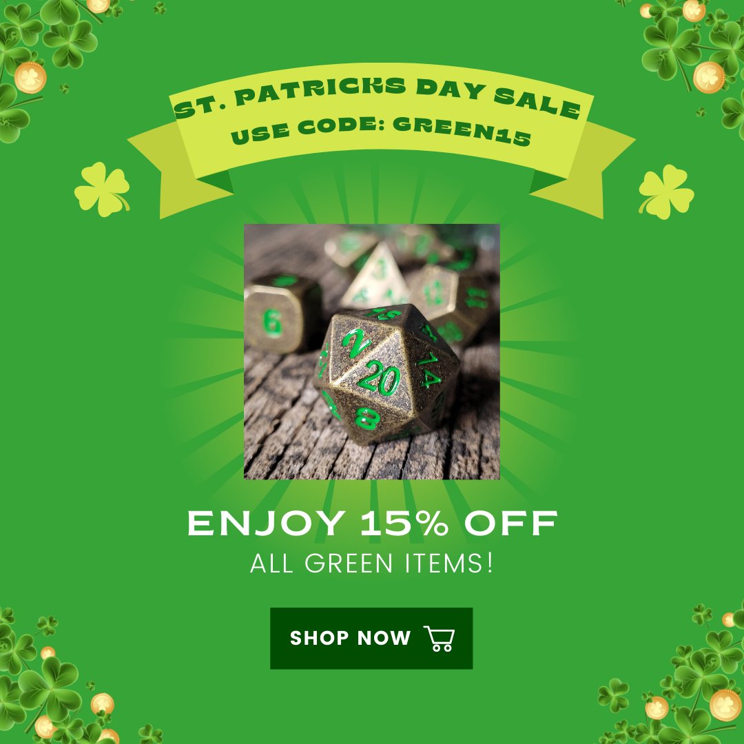 ForgedGamingCo's tweet photo. Happy St. Patricks Day from Forged Gaming! Now through Sunday, celebrate the emerald isle with 15% all green products!

 USE CODE: GREEN15 at checkout

#stpatricksday #dice #diceaccesories #Dicegoblin #TTRPG #DND #Pathfinder #forgedgaming https://t.co/HqclNpzJXs