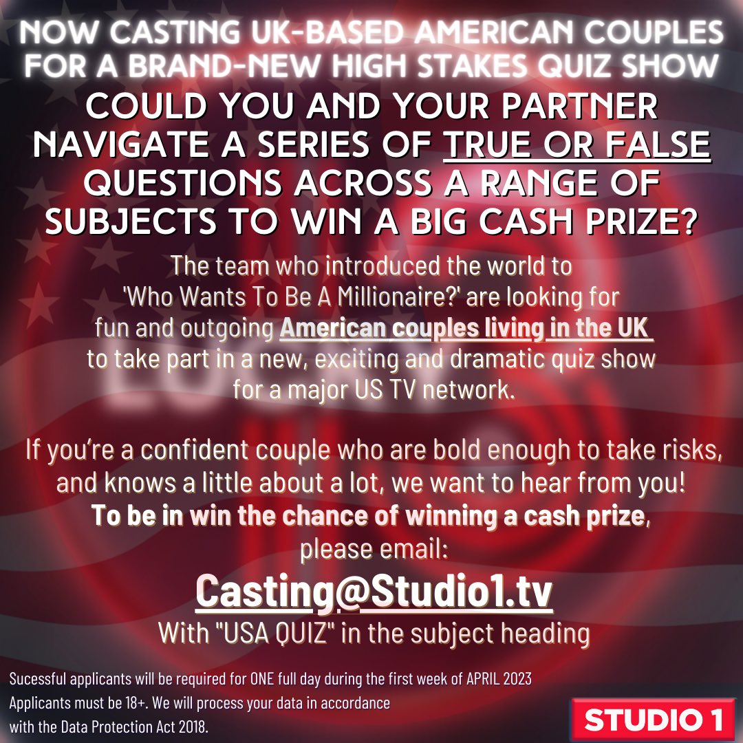 UK based #American COUPLES wanted for new #Quiz pilot  email casting@studio1.tv with the subject “QUIZ USA”more info #uktvcasting #casting #beontv #gameshow @OfficialCastMe @FilmTVCallsUK