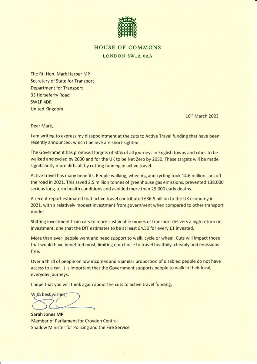 The Conservative Gov has slashed active travel funding, despite their own target of 50% of all journeys to be walked/cycled in towns by 2030. Trains services have been slashed & buses are in disarray. Cuts to funding simply not good enough. My letter to Transport Sec here ⬇️