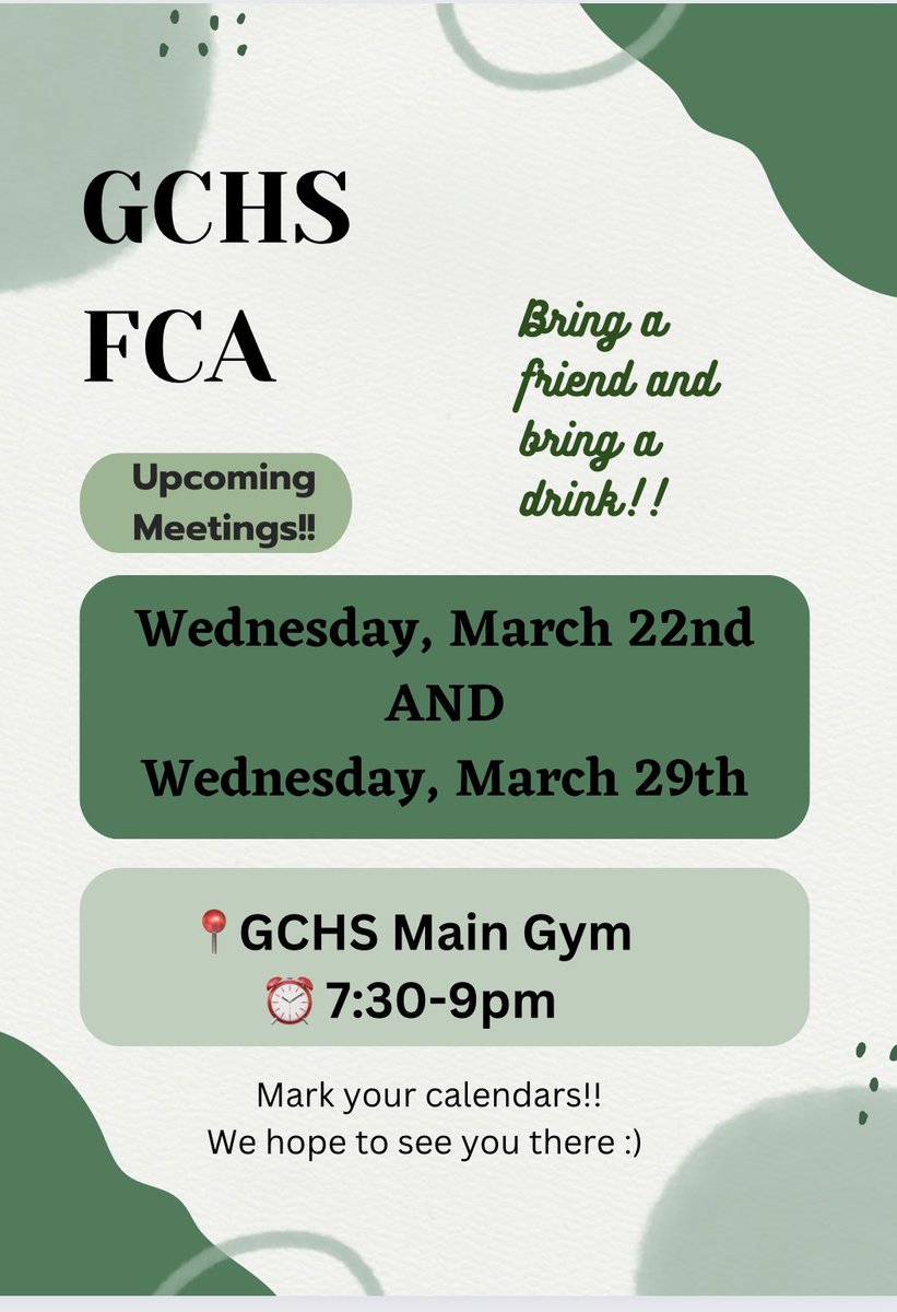 GCHSFCA1's tweet photo. FCA meetings for March!! Can’t wait :) https://t.co/ueXKUOhNXX