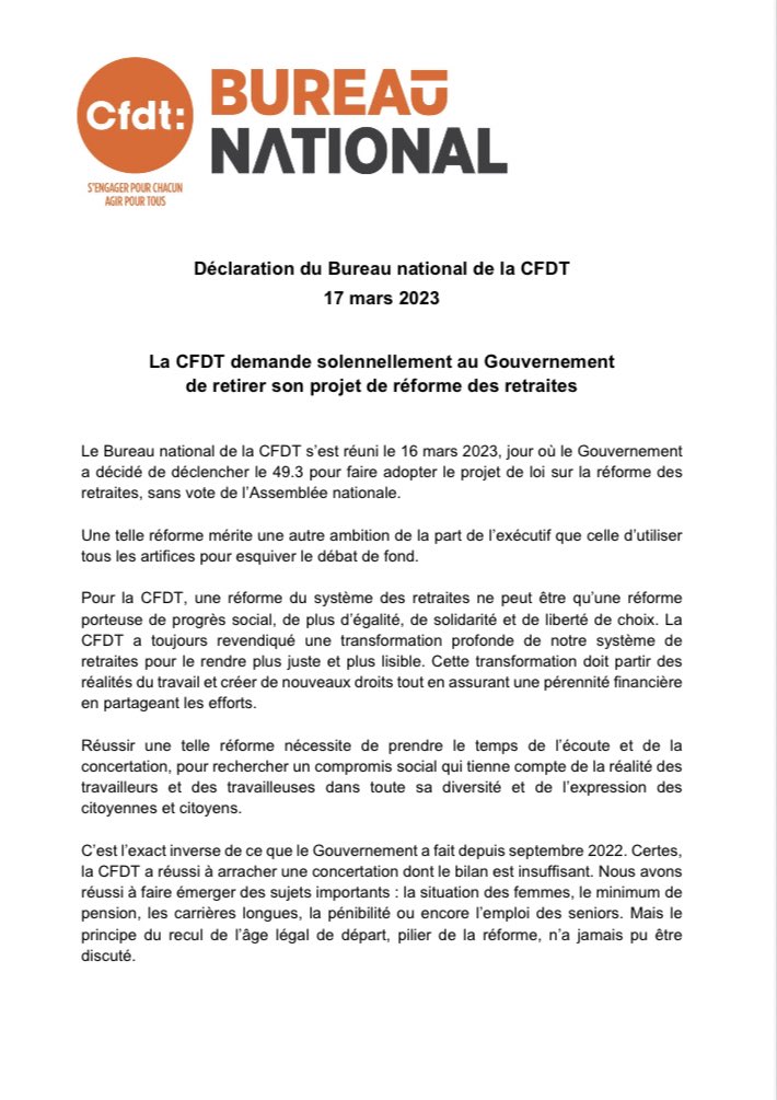 RicordeauYvan's tweet photo. Le bureau national @CFDT demande solennellement au Gouvernement de retirer son projet  #ReformeDesRetraites 
Nous appellons à une 9eme grande journée de mobilisation le #23mars #64anscestnon #NonALaReformeDesRetraites https://t.co/Le6UnvsOrA