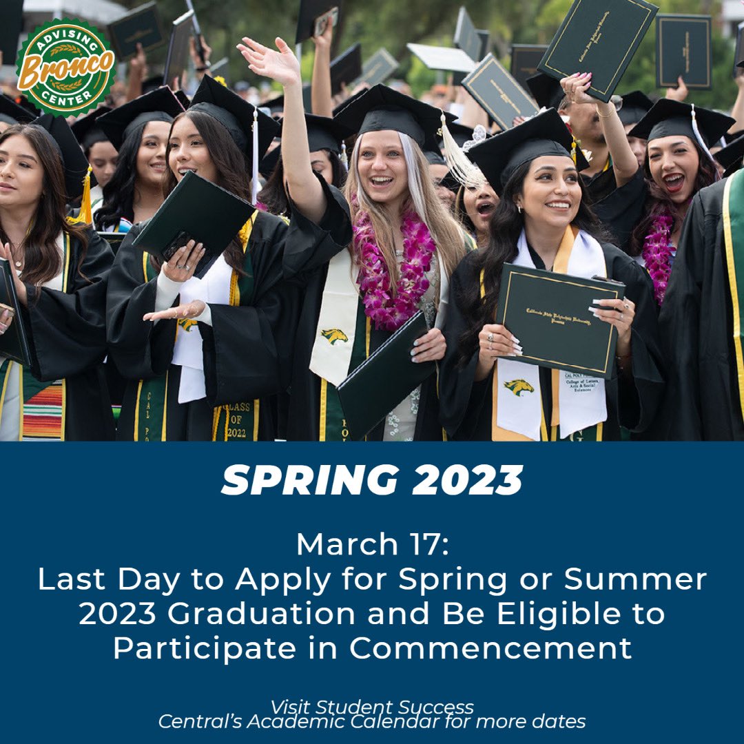 cppbac's tweet image. Broncos, the last day to apply for Spring or Summer 2023 graduation and be eligible to participate in Commencement is today!🎓

If you need a step-by-step guide or video tutorial on how to apply online, click on the Steps to Senior Success Guide in our bio #calpolypomona #cppbac