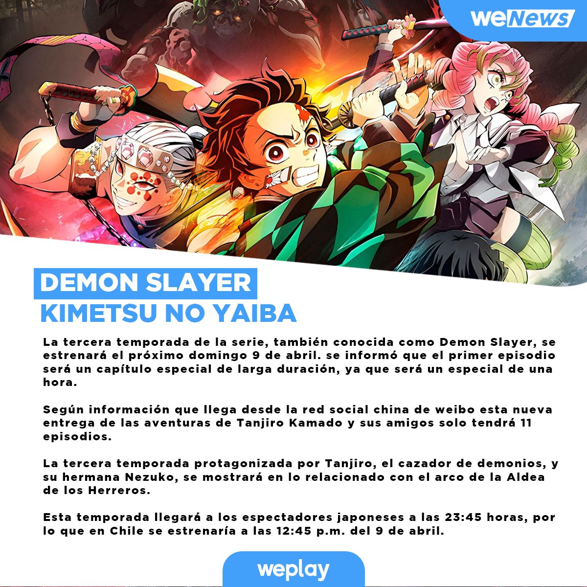 Tercera temporada de Kimetsu no Yaiba tendrá 11 episodios