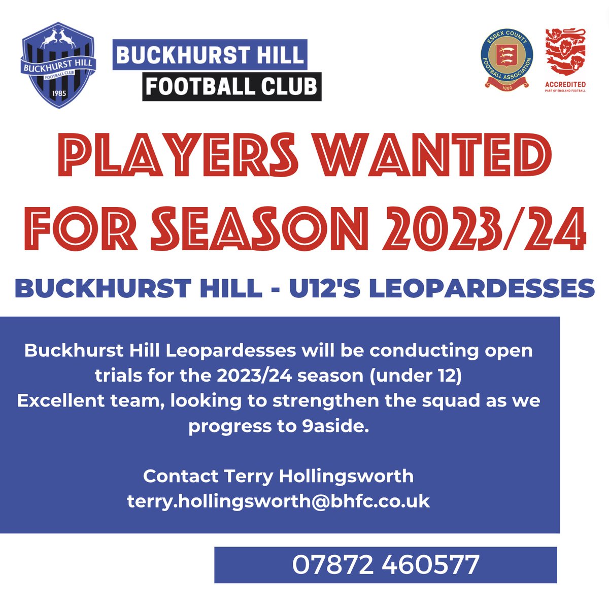buckhursthillfc's tweet photo. ⚽PLAYERS WANTED 🔵 ⚫
BHFC Leopardesses will be conducting open trials for the 2023/24 season (under 12)
Excellent team, looking to strengthen the squad as we progress to 9aside
Contact Terry on terry.hollingsworth@bhfc.co.uk or mobile 07872 460 577
#PlayersWanted #GirlsFootball https://t.co/ffOVg8wv8W
