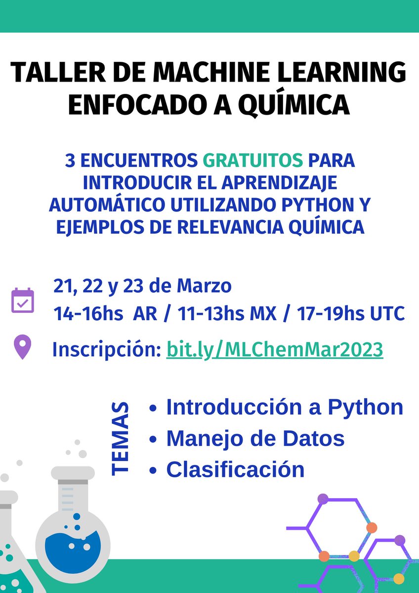 Diego Onna (@diegoonna) on Twitter photo Últimos días para anotarse para el último taller de introducción al Machine Learning para personas con background químico.
Link: bit.ly/MLChemMar2023
Info: pubs.acs.org/doi/10.1021/ac…
<a href="/BrenCohen13/">Bren</a>
@emedemaur
<a href="/EzeMorzan/">Ezequiel Morzan</a>
<a href="/FioriniGuille/">Guillermo Luciano Fiorini</a>
<a href="/luciosfra/">Lucio</a>
<a href="/soy_MAC/">Marianita</a>
<a href="/LatinXChem/">LatinXChem</a> Últimos días para anotarse para el último taller de introducción al Machine Learning para personas con background químico.
Link: bit.ly/MLChemMar2023
Info: pubs.acs.org/doi/10.1021/ac…
<a href="/BrenCohen13/">Bren</a>
@emedemaur
<a href="/EzeMorzan/">Ezequiel Morzan</a>
<a href="/FioriniGuille/">Guillermo Luciano Fiorini</a>
<a href="/luciosfra/">Lucio</a>
<a href="/soy_MAC/">Marianita</a>
<a href="/LatinXChem/">LatinXChem</a>