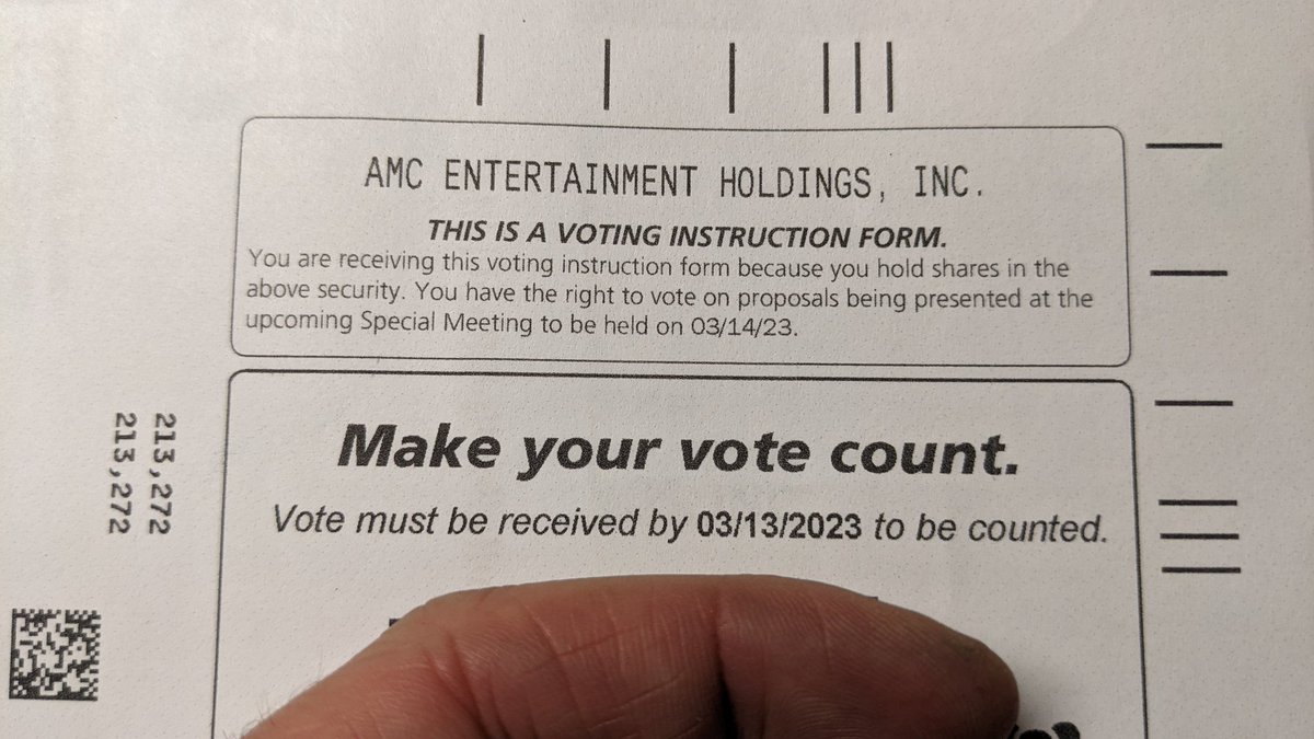 Further proof they're trying everything to manipulate retail investors #AMC $AMC I finally received voting papers from TD 🇨🇦 today 🤦🏻‍♂️ 4 days after the voting cut off. (I already voted btw) I had to call my broker, took about 2 weeks to get my control numbers! #EveryTrickInTheBook