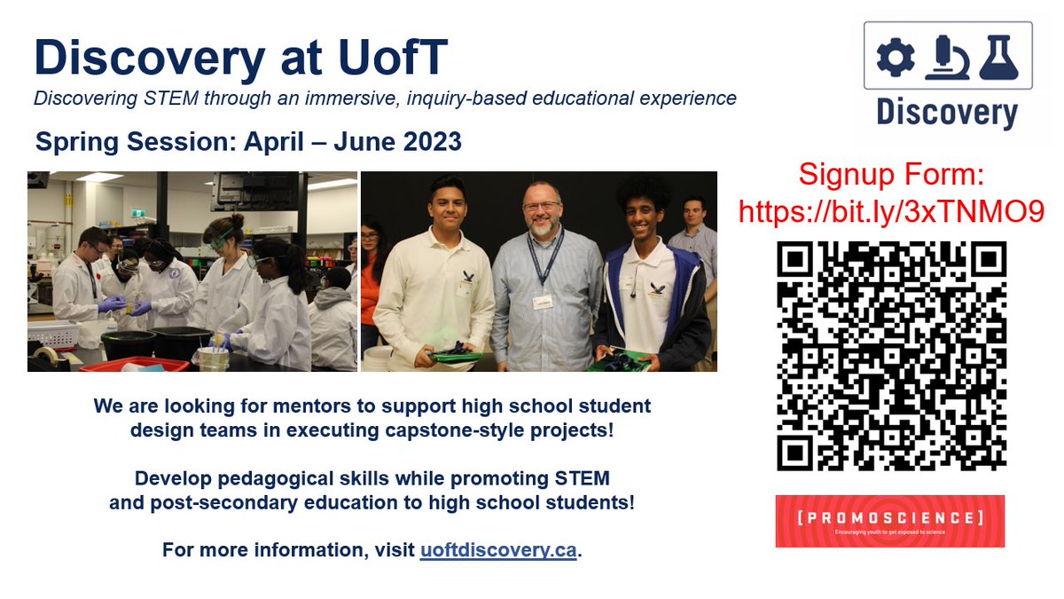Discovery is returning in person for Spring 2023! We are in need of volunteer UofT graduate and upper-year undergraduate mentors who are interested in gaining experience teaching and overseeing students in a lab environment. Sign up: bit.ly/3xTNMO9