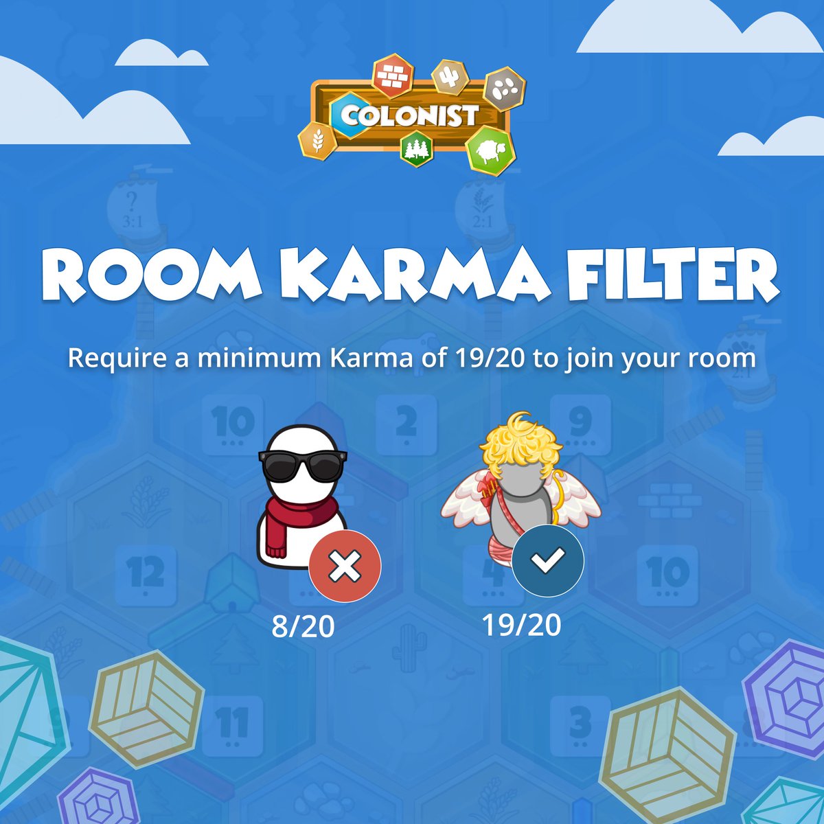 colonistio's tweet photo. v154 is out!

New Feature: Create high karma games by becoming a member!

#boardgames #colonistio #Karma https://t.co/5XbB3XqMTu