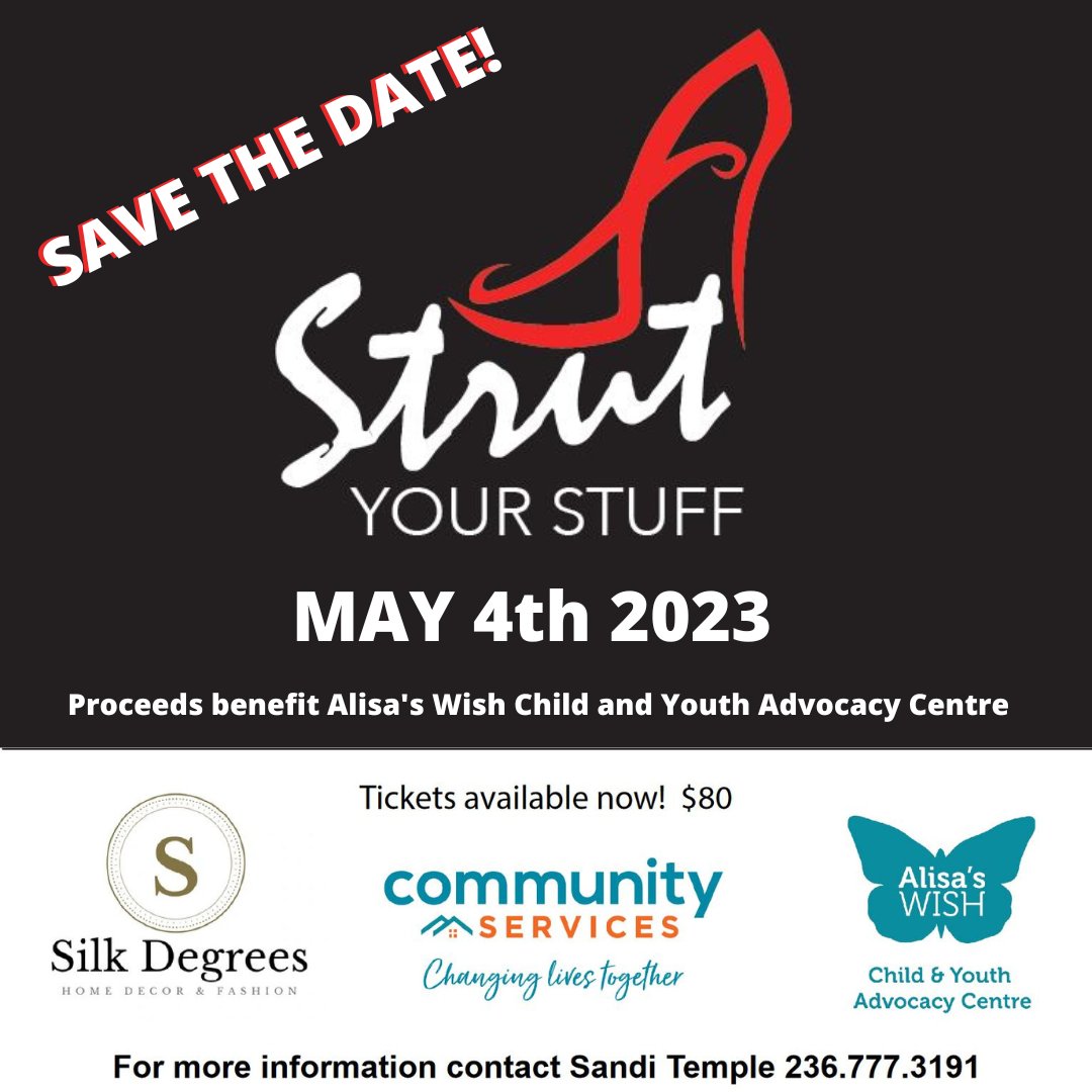 MRPMCS's tweet image. It’s that time of year again! The Strut Your Stuff fundraiser will be held on May 4 at Meadow Gardens Golf Club. All proceeds from the event go to Alisa’s Wish Child &amp;amp; Youth Advocacy Centre. 

This event sells out fast! Please contact Sandi Temple at (236) 777-3191 for more info.