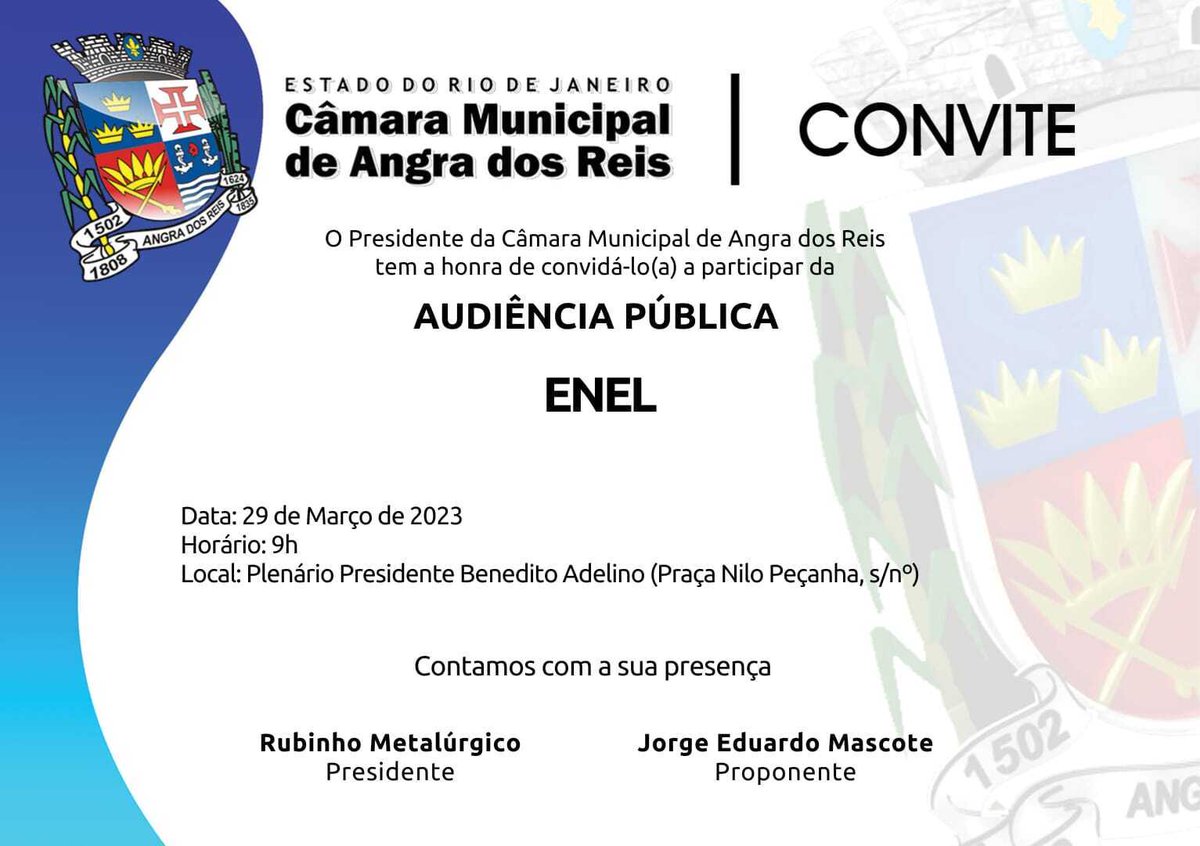 Angranews's tweet photo. No próximo dia 29 de março, a Câmara Municipal de Angra dos Reis vai fazer uma audiência pública para falar sobre a atuação da Enel no município. https://t.co/iSMtFkfp9v